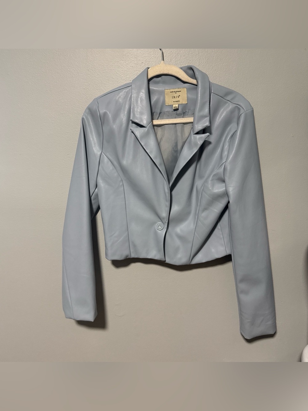 iris Light Blue Cropped Faux Leather Blazer